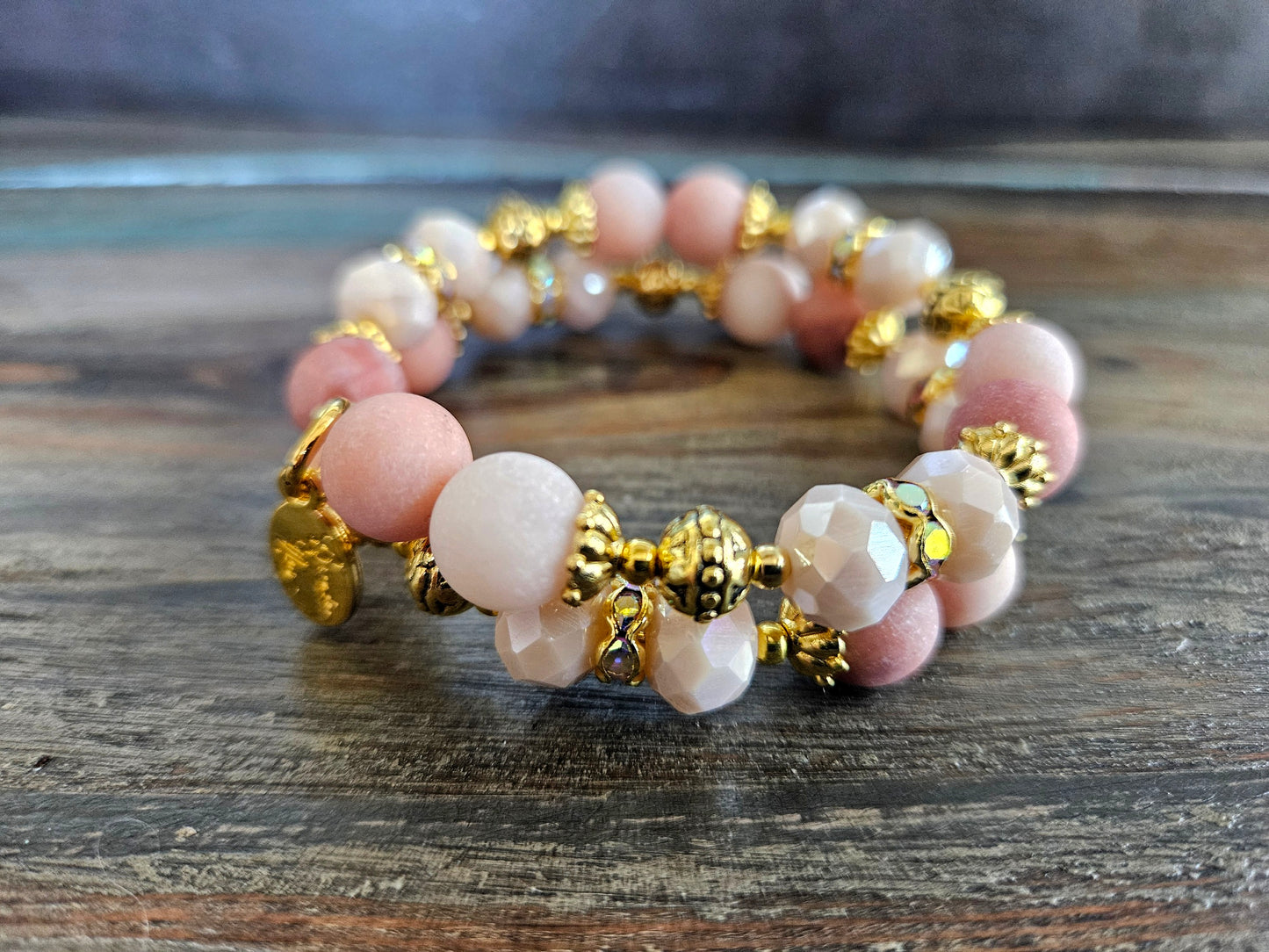 Peach Gemstone Beaded Bracelet Jewelry Jade Gold Tan Beige Wrap Cuff Bangle Memory Wire Adjustable Women's Gift For Her