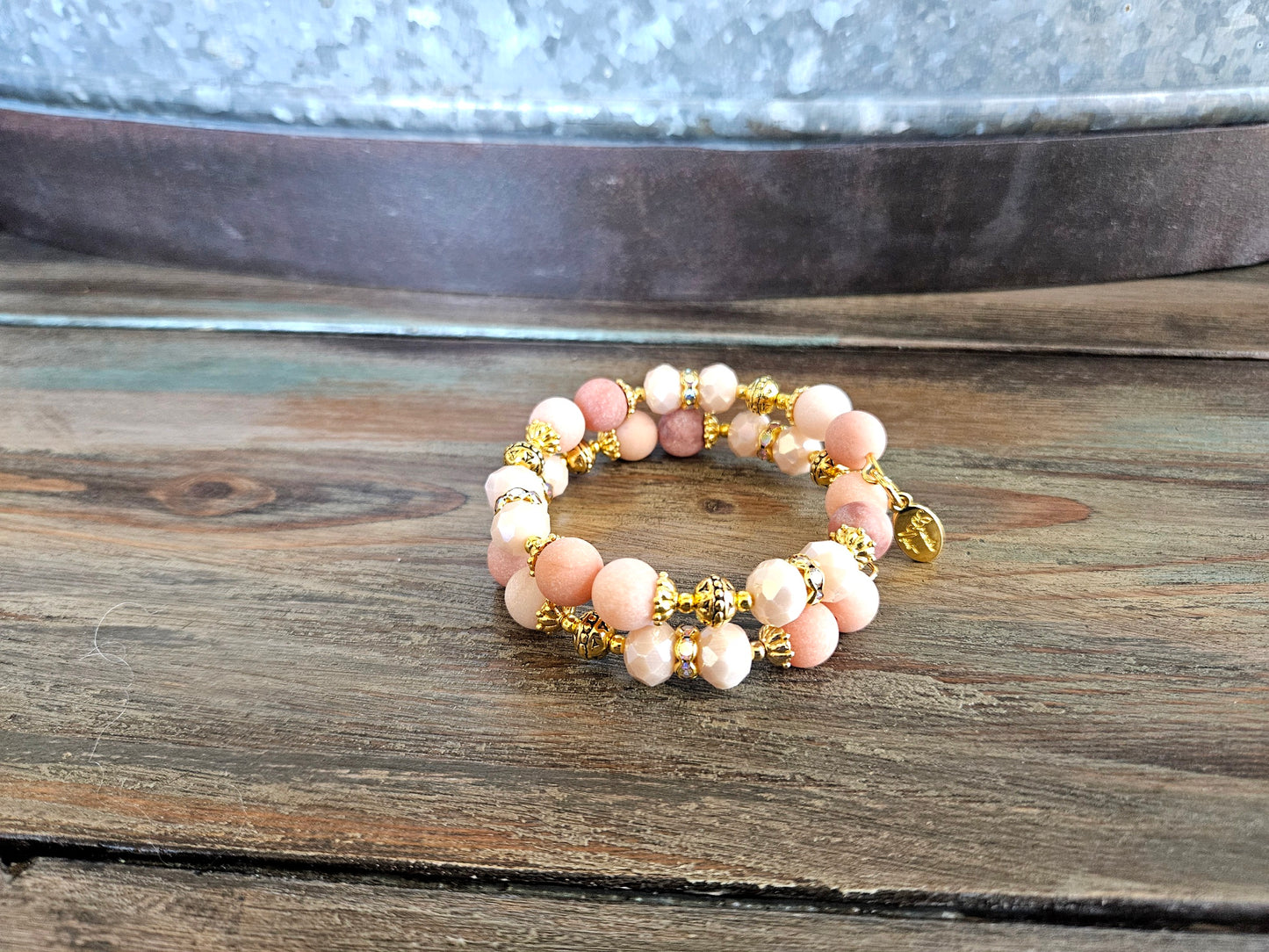 Peach Gemstone Beaded Bracelet Jewelry Jade Gold Tan Beige Wrap Cuff Bangle Memory Wire Adjustable Women's Gift For Her