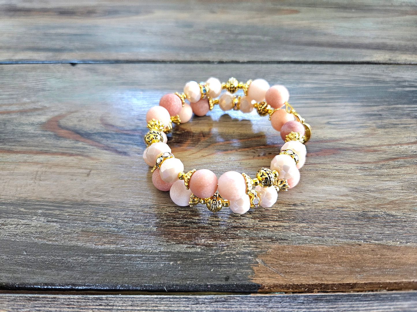 Peach Gemstone Beaded Bracelet Jewelry Jade Gold Tan Beige Wrap Cuff Bangle Memory Wire Adjustable Women's Gift For Her