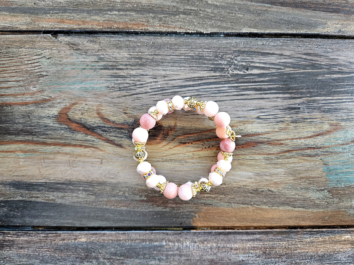 Peach Gemstone Beaded Bracelet Jewelry Jade Gold Tan Beige Wrap Cuff Bangle Memory Wire Adjustable Women's Gift For Her