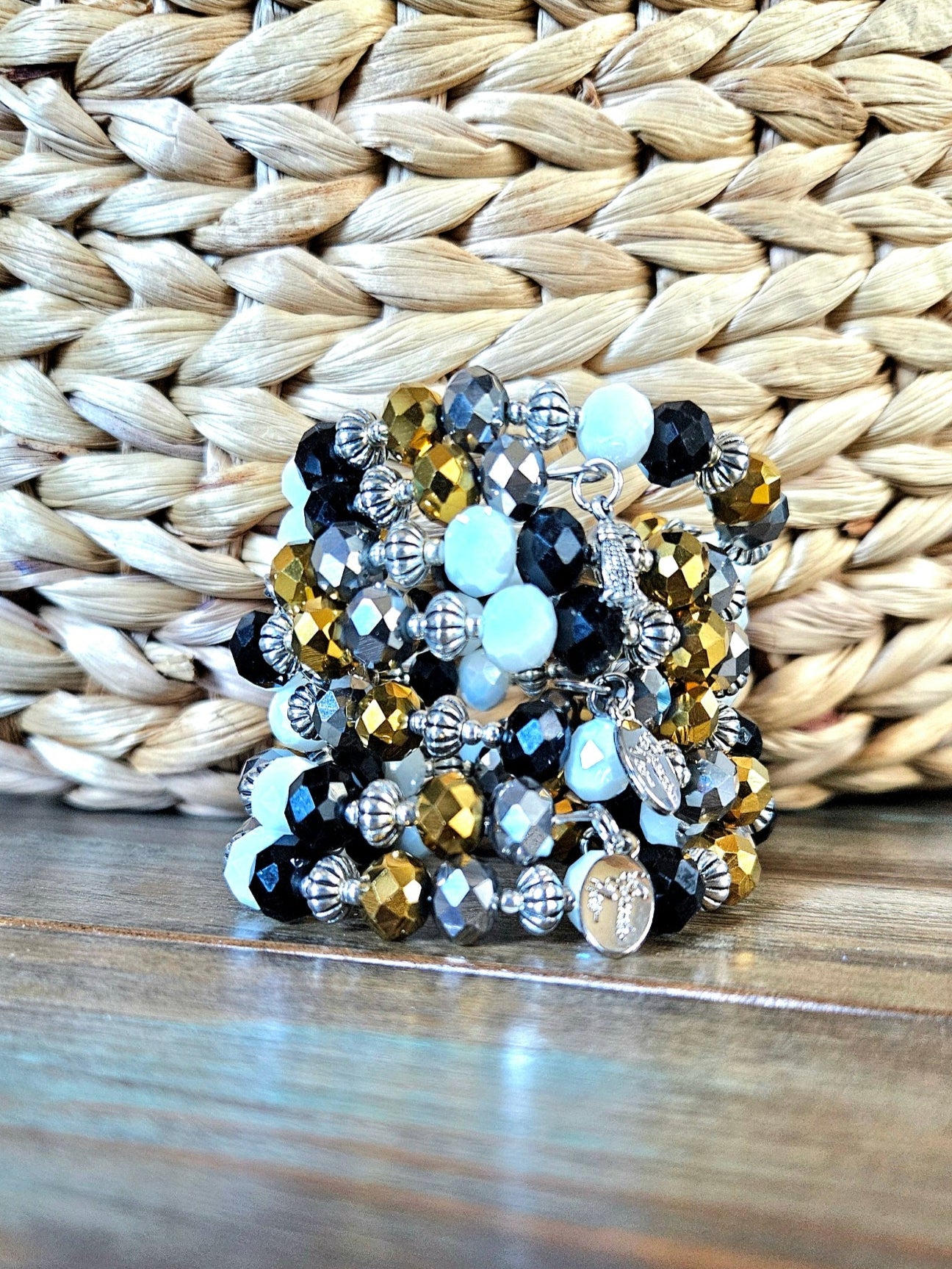 Black Gold Beaded Bracelet Glass Jewelry Party Formal Evening Bridal Wedding Prom Wrap Bangle Handmade Women's Gift