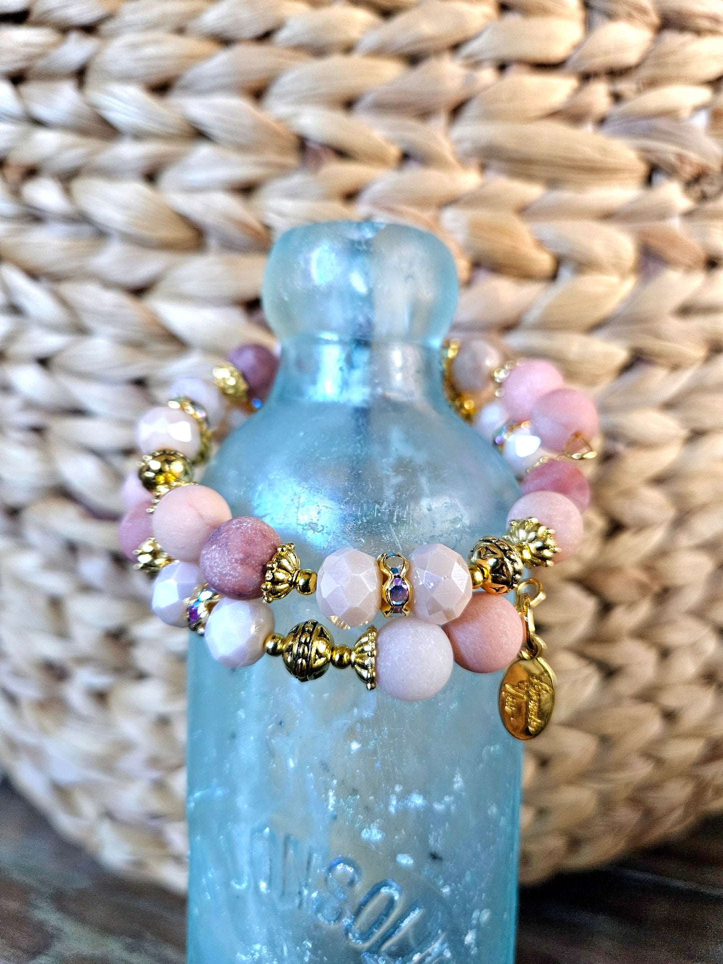 Peach Gemstone Beaded Bracelet Jewelry Jade Gold Tan Beige Wrap Cuff Bangle Memory Wire Adjustable Women's Gift For Her