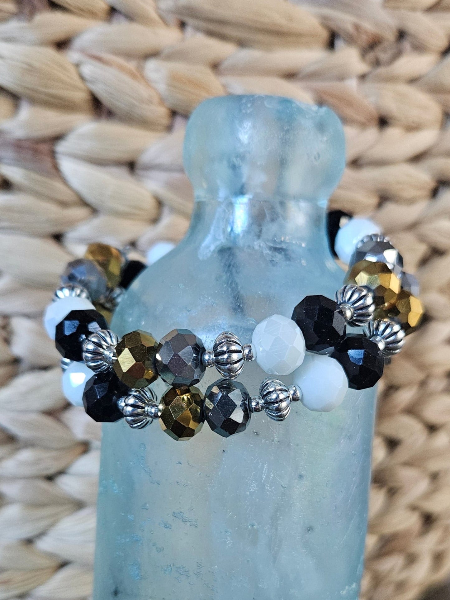 Black Gold Beaded Bracelet Glass Jewelry Party Formal Evening Bridal Wedding Prom Wrap Bangle Handmade Women's Gift