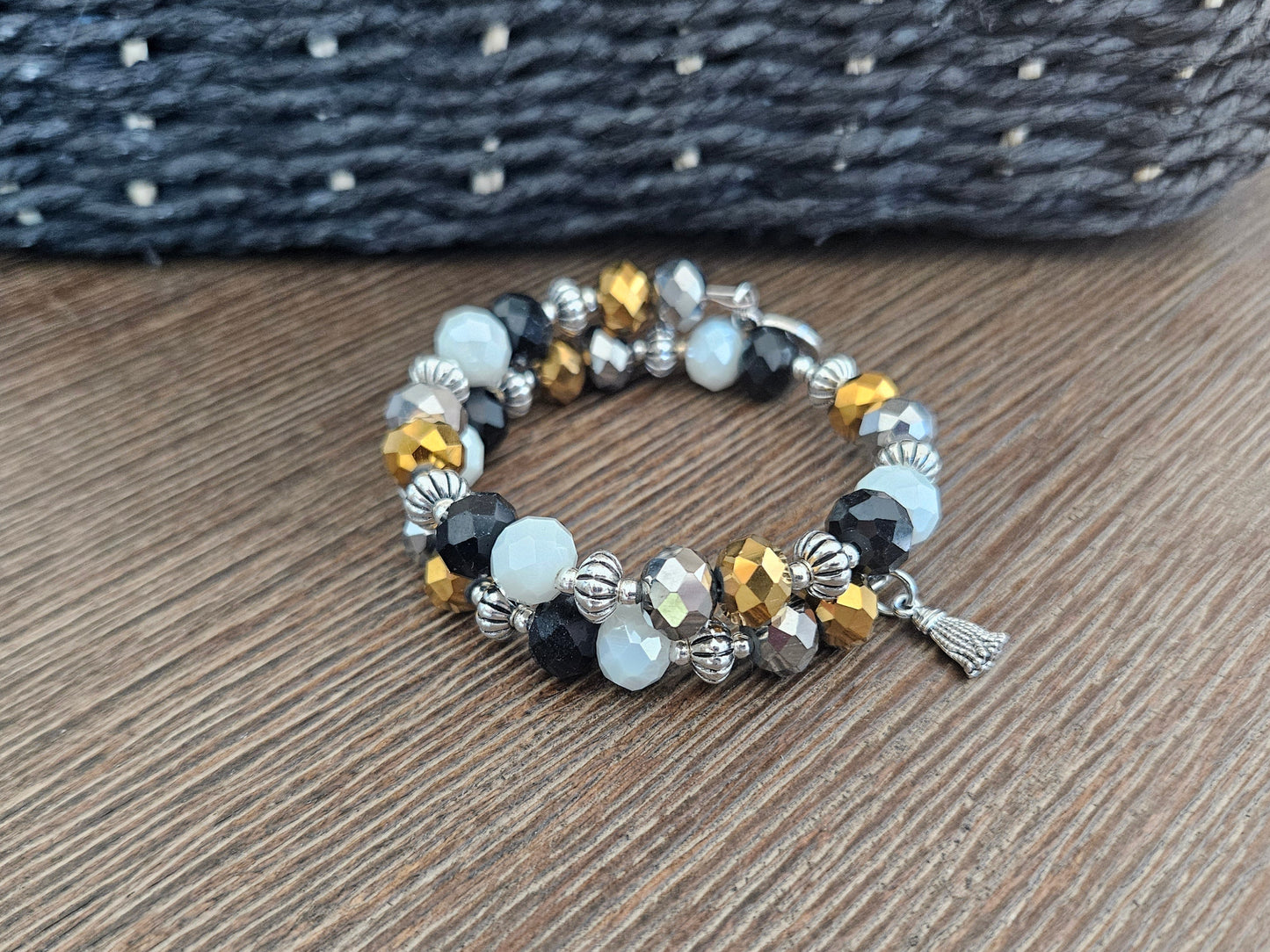 Black Gold Beaded Bracelet Glass Jewelry Party Formal Evening Bridal Wedding Prom Wrap Bangle Handmade Women's Gift
