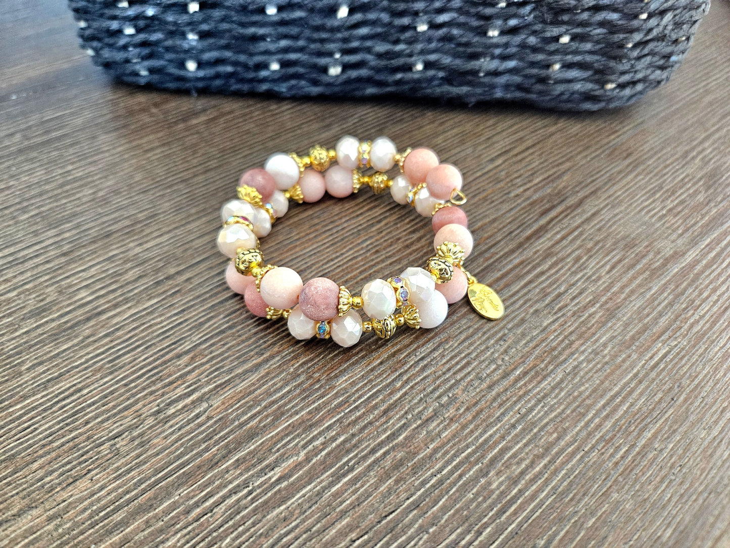 Peach Gemstone Beaded Bracelet Jewelry Jade Gold Tan Beige Wrap Cuff Bangle Memory Wire Adjustable Women's Gift For Her