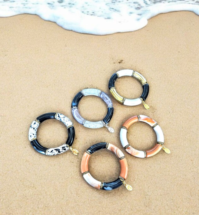 Cabana Beaded Bracelet Stretch Statement Jewelry Beach Cruise Travel Vacation Black White Gold Women's Gift