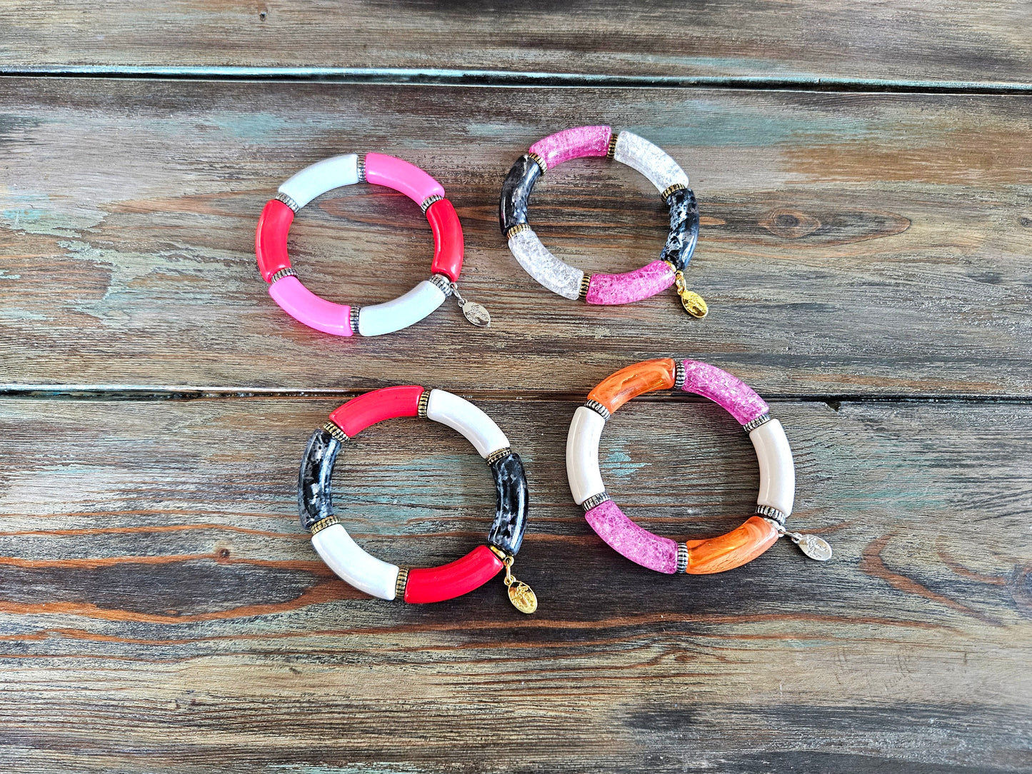 Cabana Stretch Bracelet Beaded Statement Pink Red Orange Jewelry Party Evening Holiday Funky Boho Women's Gift