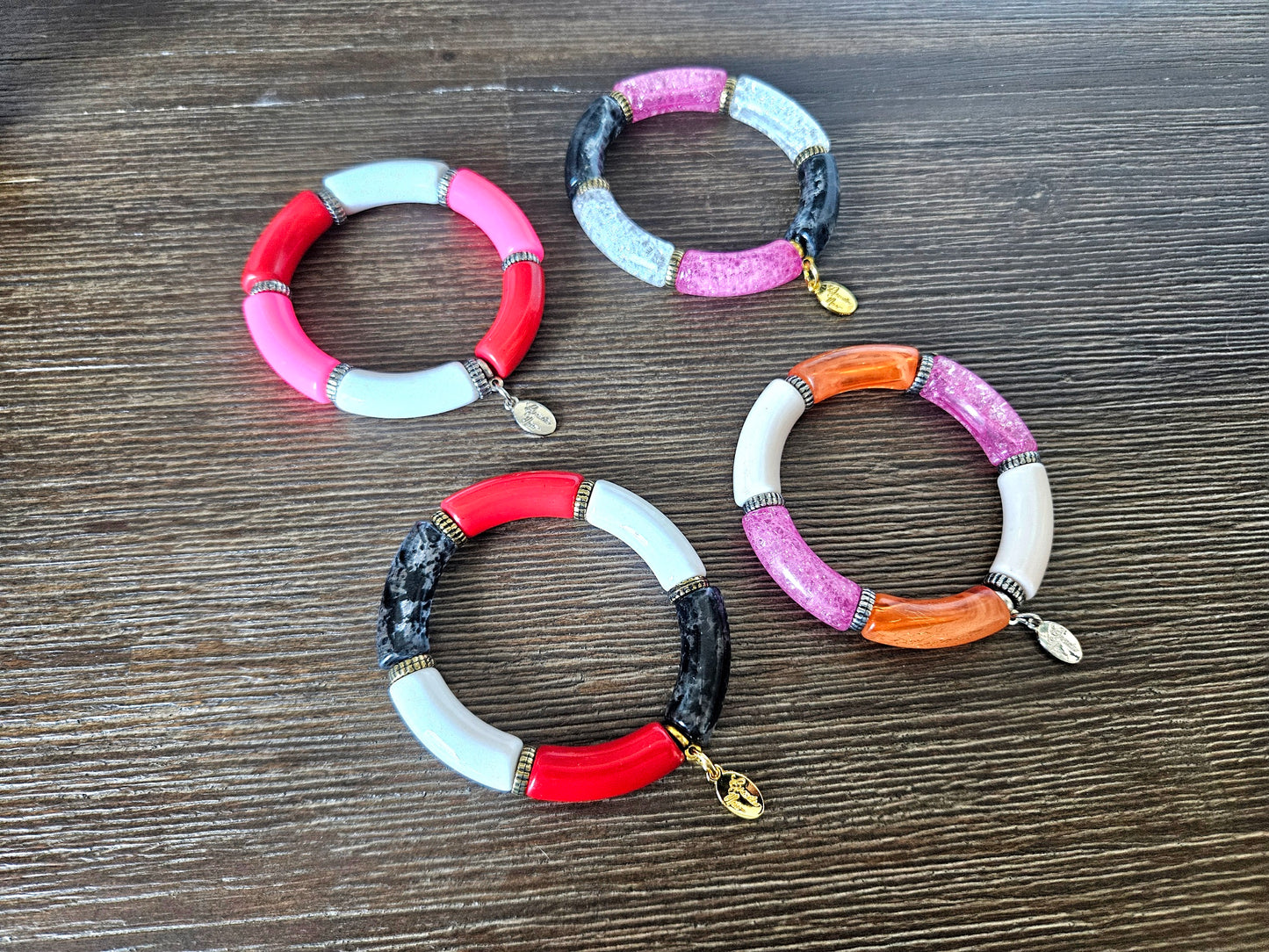 Cabana Stretch Bracelet Beaded Statement Pink Red Orange Jewelry Party Evening Holiday Funky Boho Women's Gift