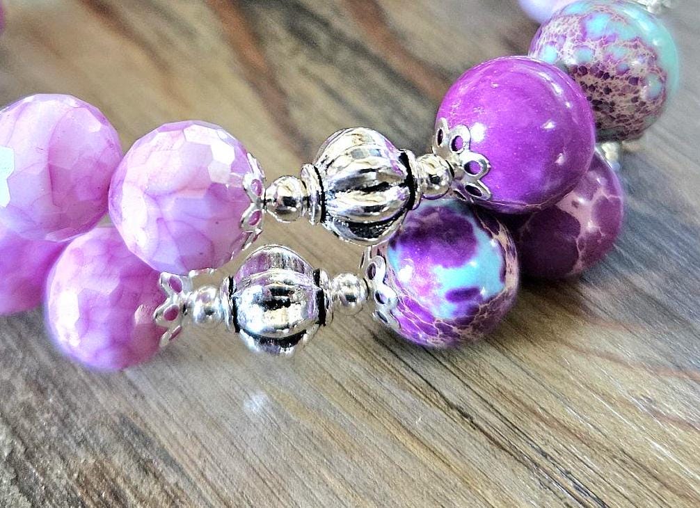 Purple Beaded Bracelet Jewelry Gemstone Violet Lavendar Silver Jasper Memory Wire Wrap Cuff Bangle Summer Spring Beach Cruise Women's Gift