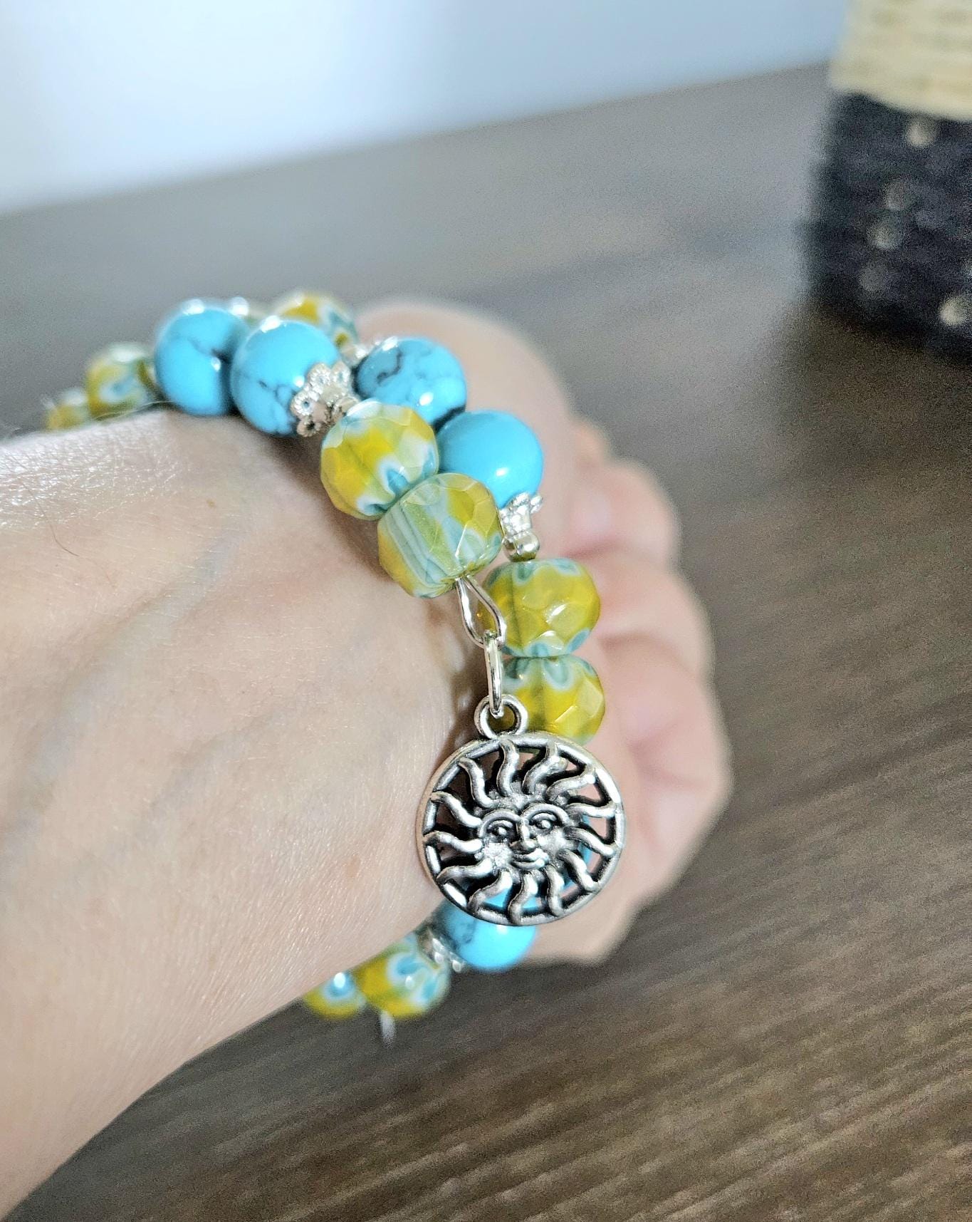 Sun Charm Bracelet Celestial Jewelry Yellow Sunshine Silver Turquoise Beach Ocean Cruise Summer Wrap Cuff Bangle Women's Gift