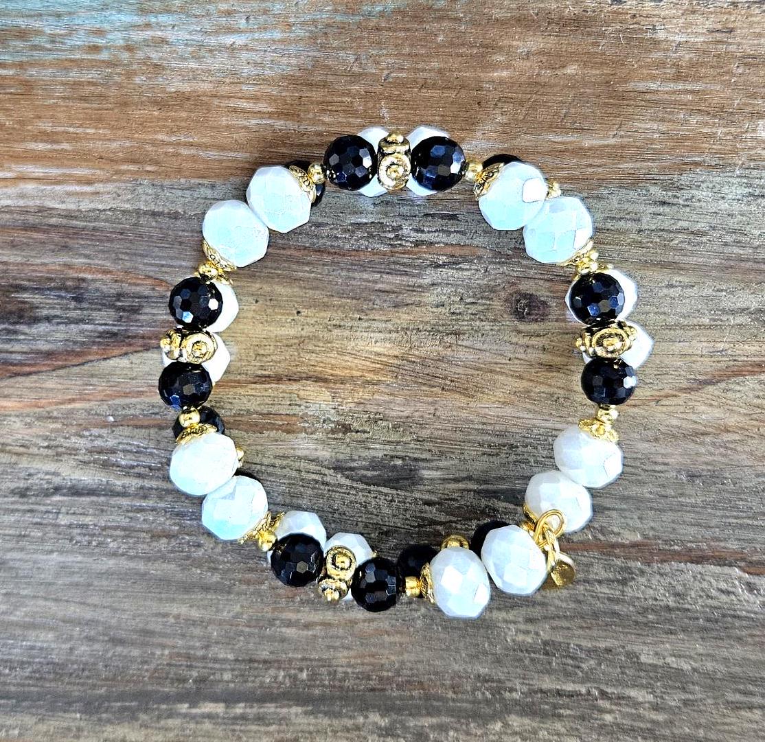 Black and White Beaded Bracelet Jewelry Gold Wrap Cuff Bangle Bridal Wedding Formal Evening Prom Women's Gift for Her