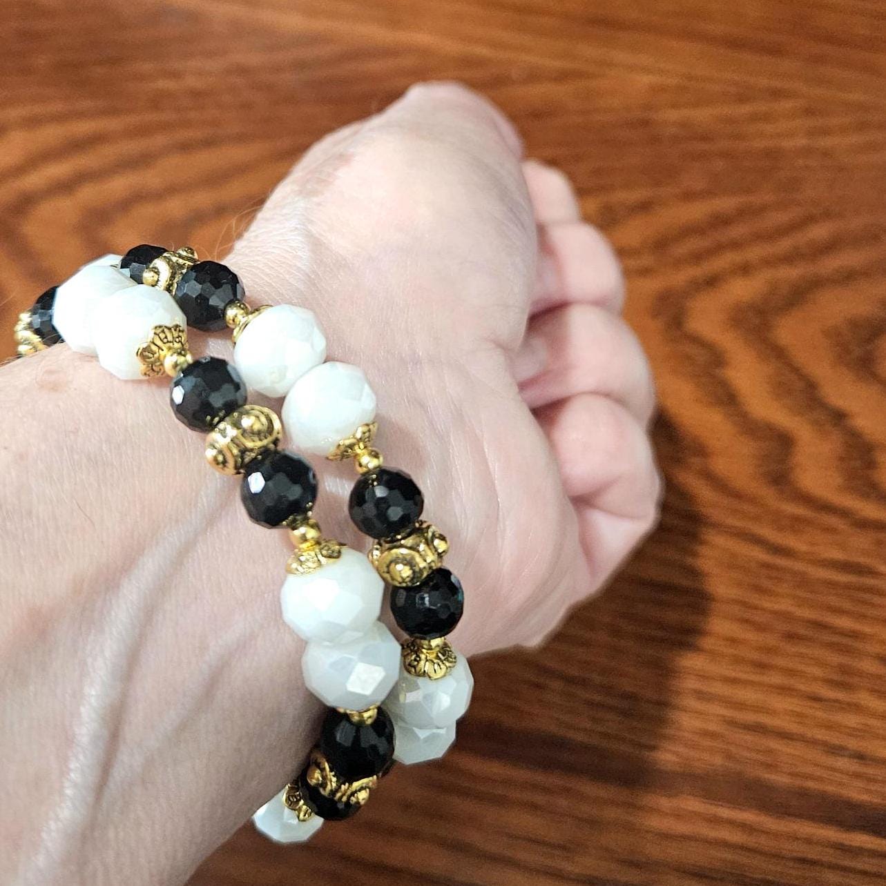 Black and White Beaded Bracelet Jewelry Gold Wrap Cuff Bangle Bridal Wedding Formal Evening Prom Women's Gift for Her
