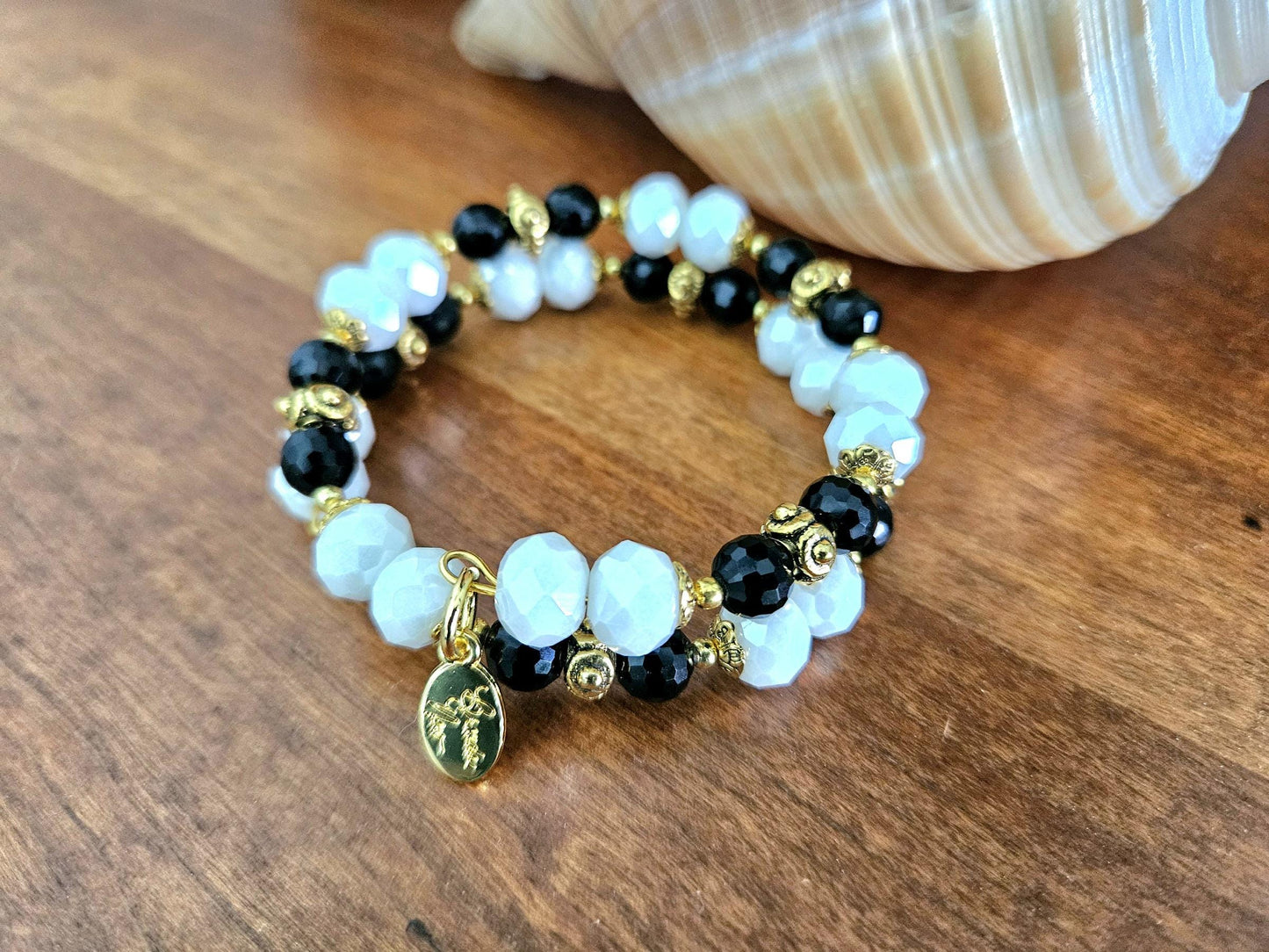 Black and White Beaded Bracelet Jewelry Gold Wrap Cuff Bangle Bridal Wedding Formal Evening Prom Women's Gift for Her