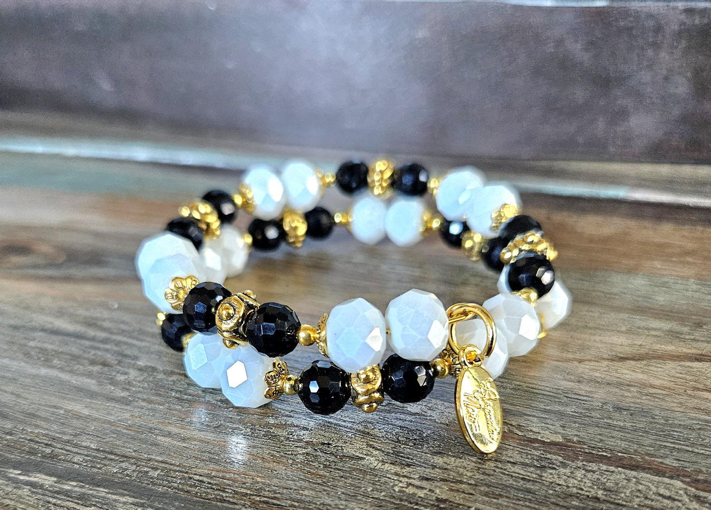 Black and White Beaded Bracelet Jewelry Gold Wrap Cuff Bangle Bridal Wedding Formal Evening Prom Women's Gift for Her