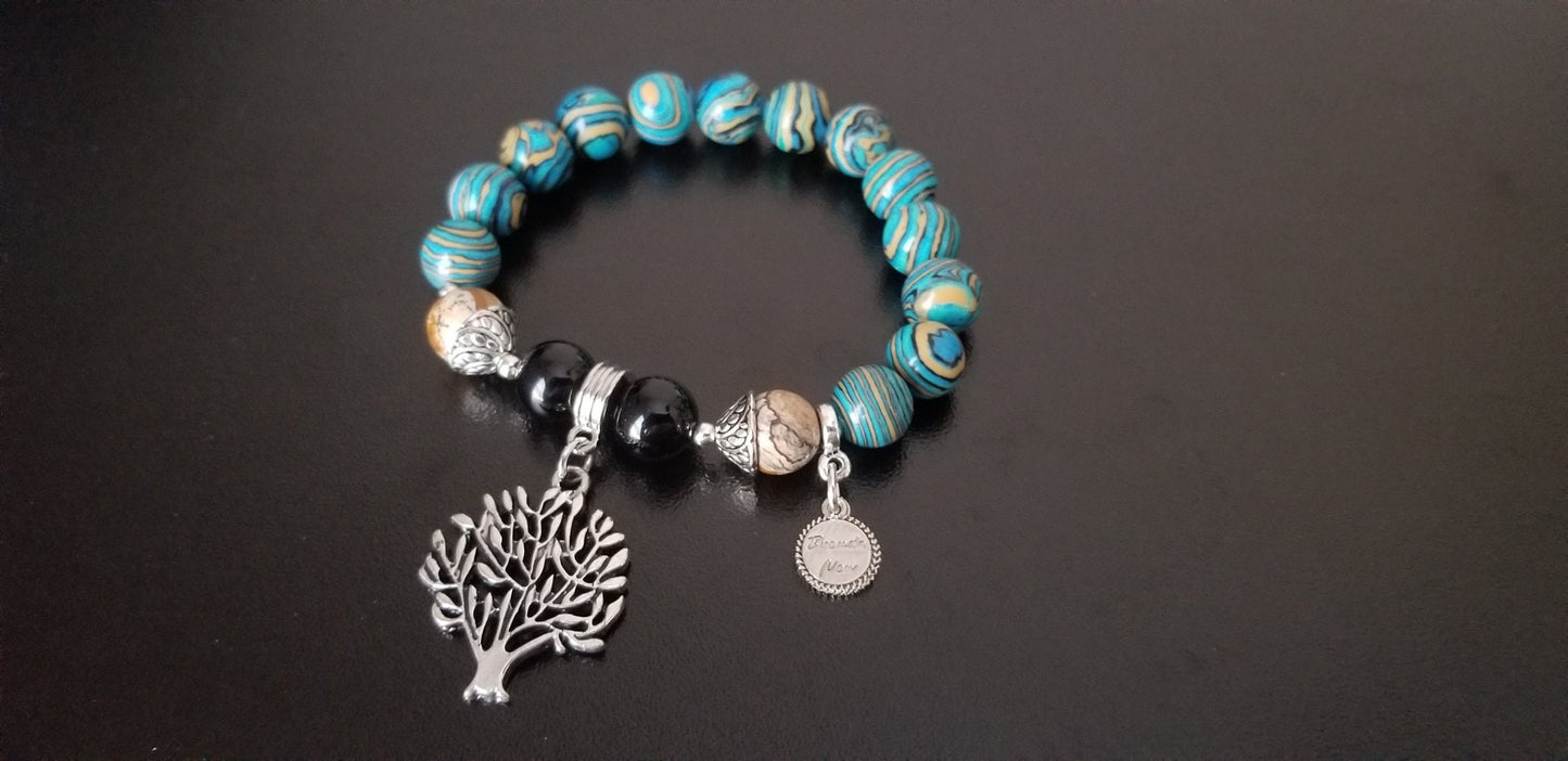 Tree of Life Charm Bracelet Beaded Turquoise Southwest Gemstone Silver Jewelry Jasper Black Onyx Women's Onyx Stretch Women's Gift For Her