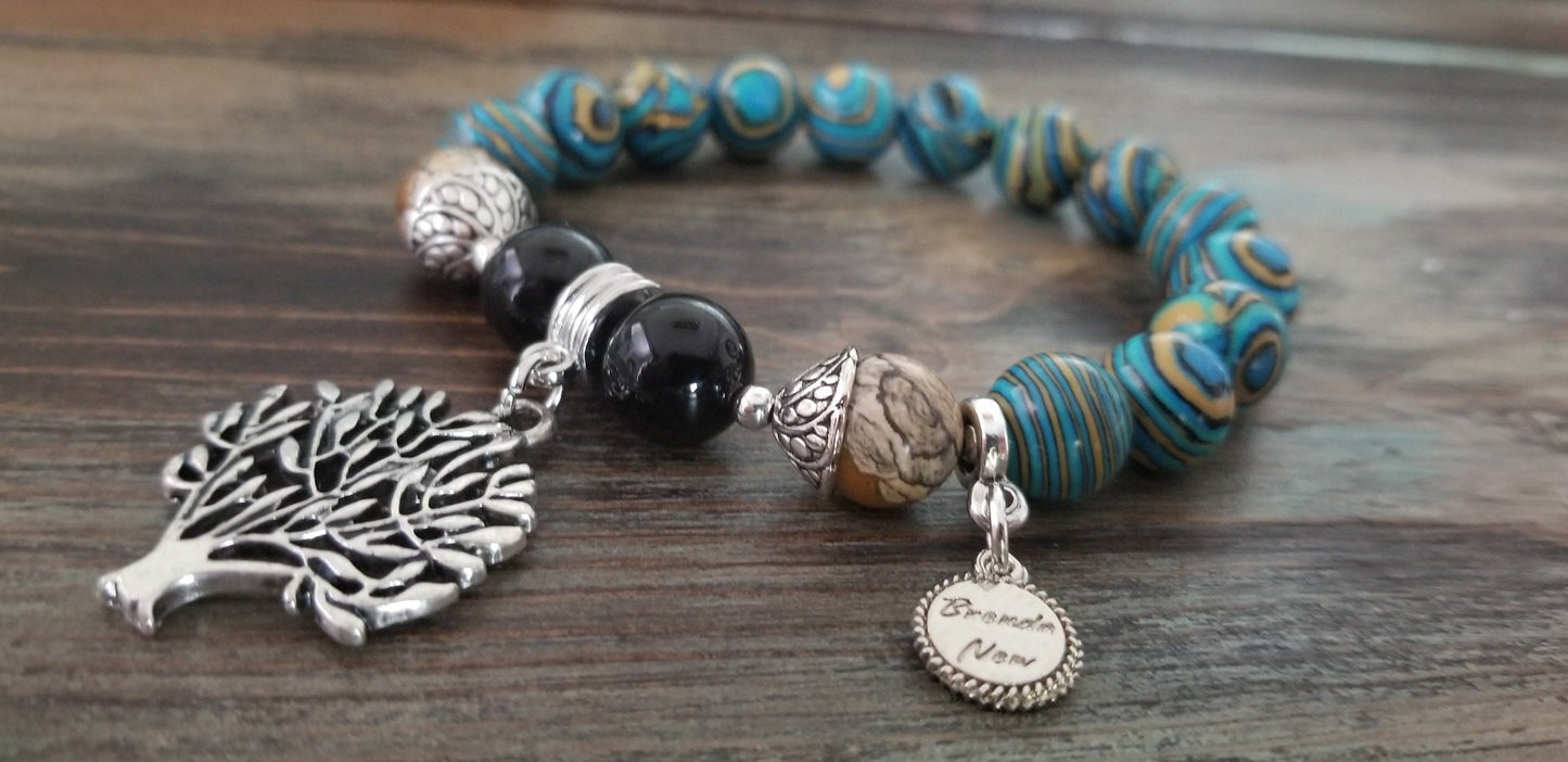 Tree of Life Charm Bracelet Beaded Turquoise Southwest Gemstone Silver Jewelry Jasper Black Onyx Women's Onyx Stretch Women's Gift For Her