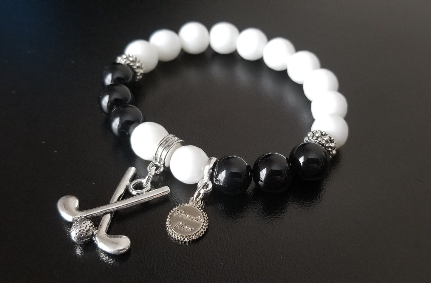 Golf Charm Bracelet Jewelry Sport Beaded Stretch Gemstone Silver Turquoise White Black Adjustable Women's