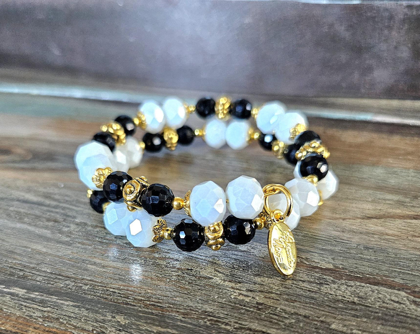 Black and White Beaded Bracelet Jewelry Gold Wrap Cuff Bangle Bridal Wedding Formal Evening Prom Women's Gift for Her