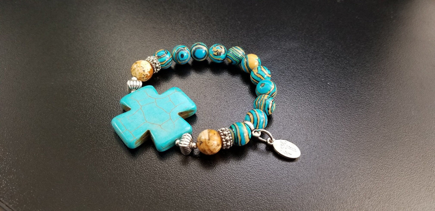 Turquoise Cross Beaded Gemstone Bracelet Jewelry Southwest Silver Stretch Handmade Women's Gift For Her