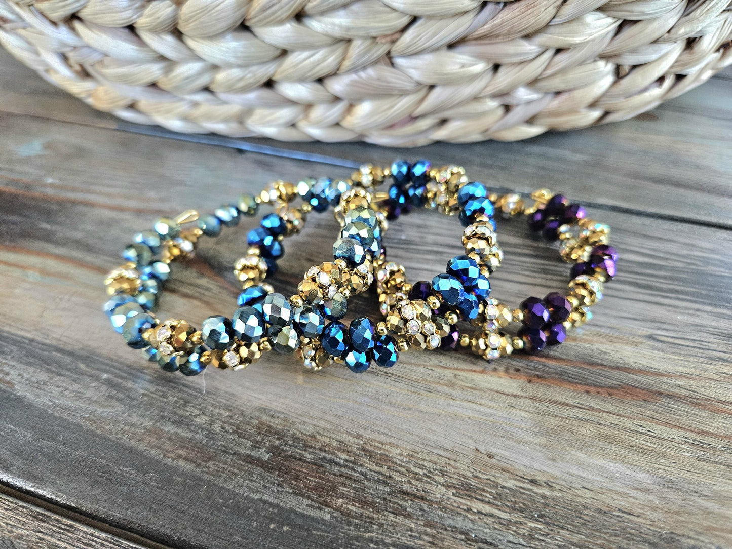 Glass Beaded Bracelet Jewelry Handmade Sparkling Rhinestone Bling Memory Wire Gold Colorful Blue Green Red Black Rose Gold Women's Wrap Cuff Bangle