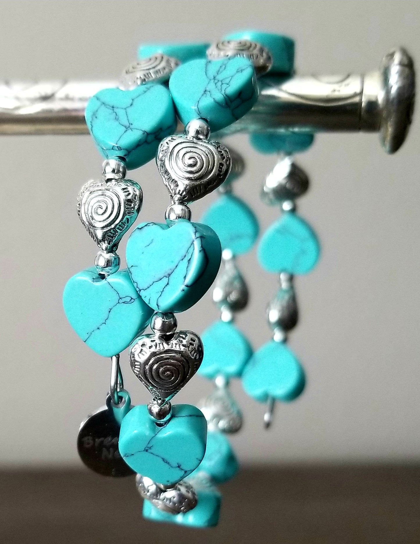 Heart Bracelet Silver Beaded Jewelry Handmade Valentine Day Gift Women's Wrap Cuff Bangle