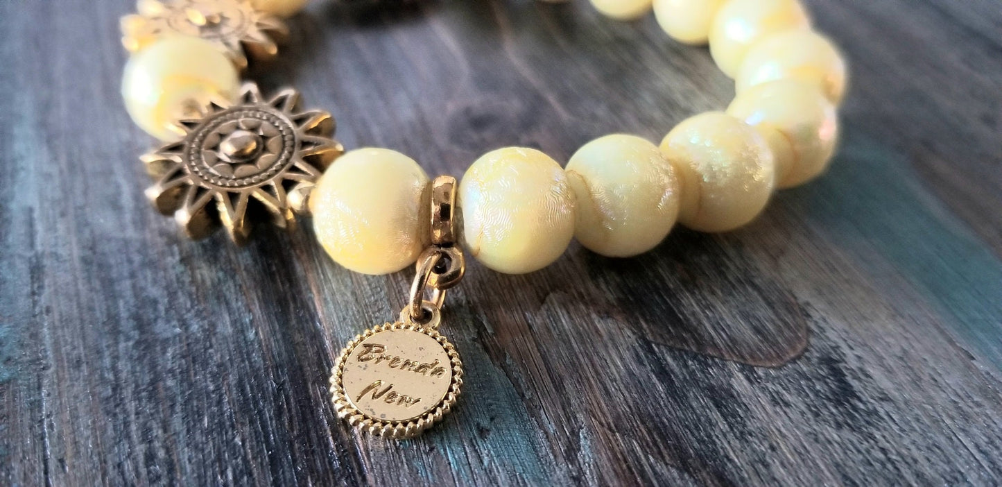 Sun Celestial Charm Beaded Bracelet Yellow Jewelry Stretch Gold Sunshine Amber Glass Beads Beach Spring Summer Women's Gift for Her