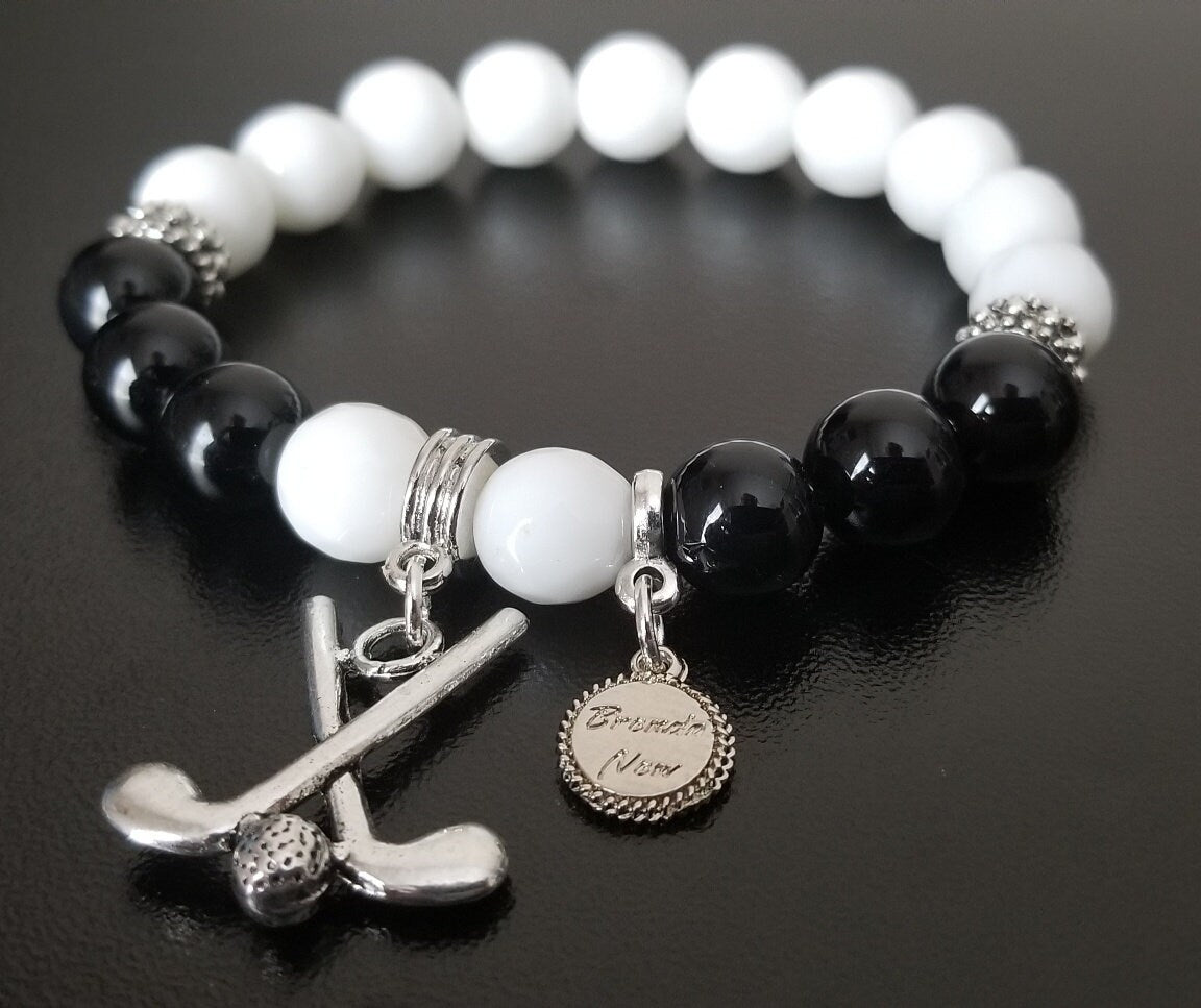 Golf Charm Bracelet Jewelry Sport Beaded Stretch Gemstone Silver Turquoise White Black Adjustable Women's