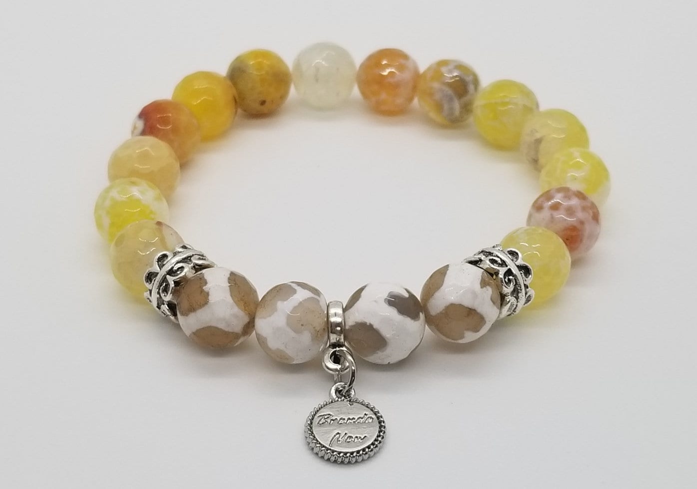 Yellow Beaded Bracelet Gemstone Agate Jewelry Stretch White Silver Amber Spring Summer Beach Cruise Women's Gift for Her