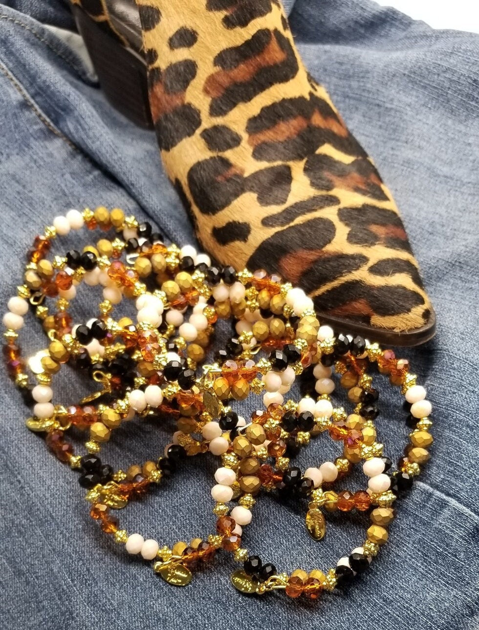 Animal Print Bracelet Jewelry Leopard Silver Black Brown Beaded Handmade Wrap Cuff Bangle Women's Gift For Her