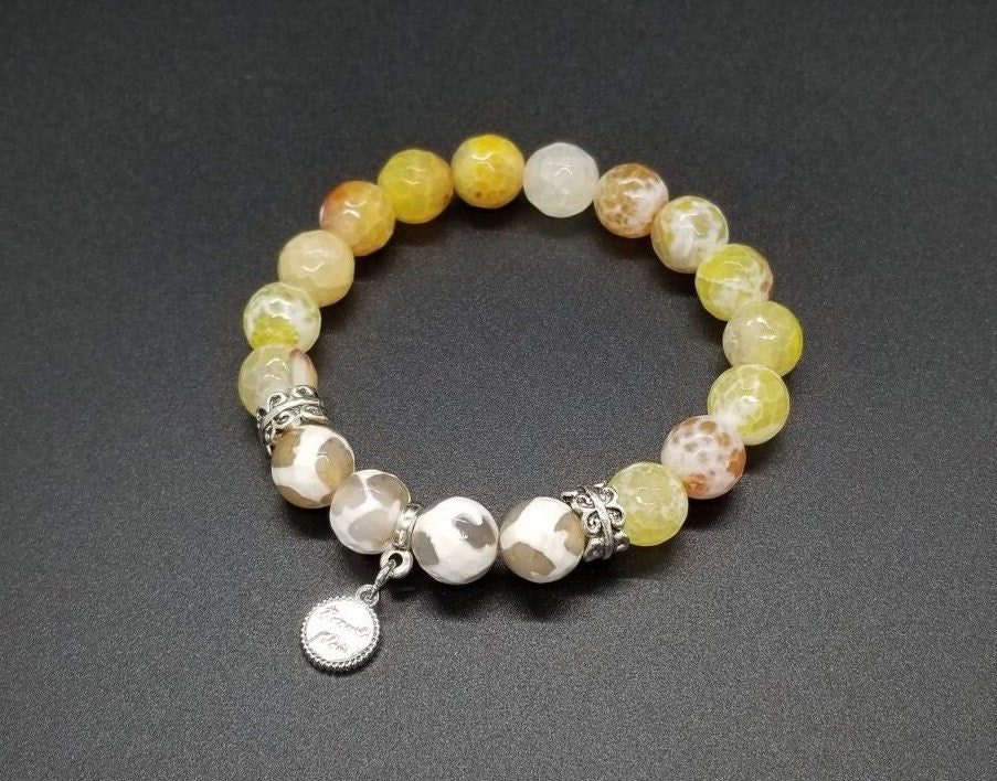 Yellow Beaded Bracelet Gemstone Agate Jewelry Stretch White Silver Amber Spring Summer Beach Cruise Women's Gift for Her