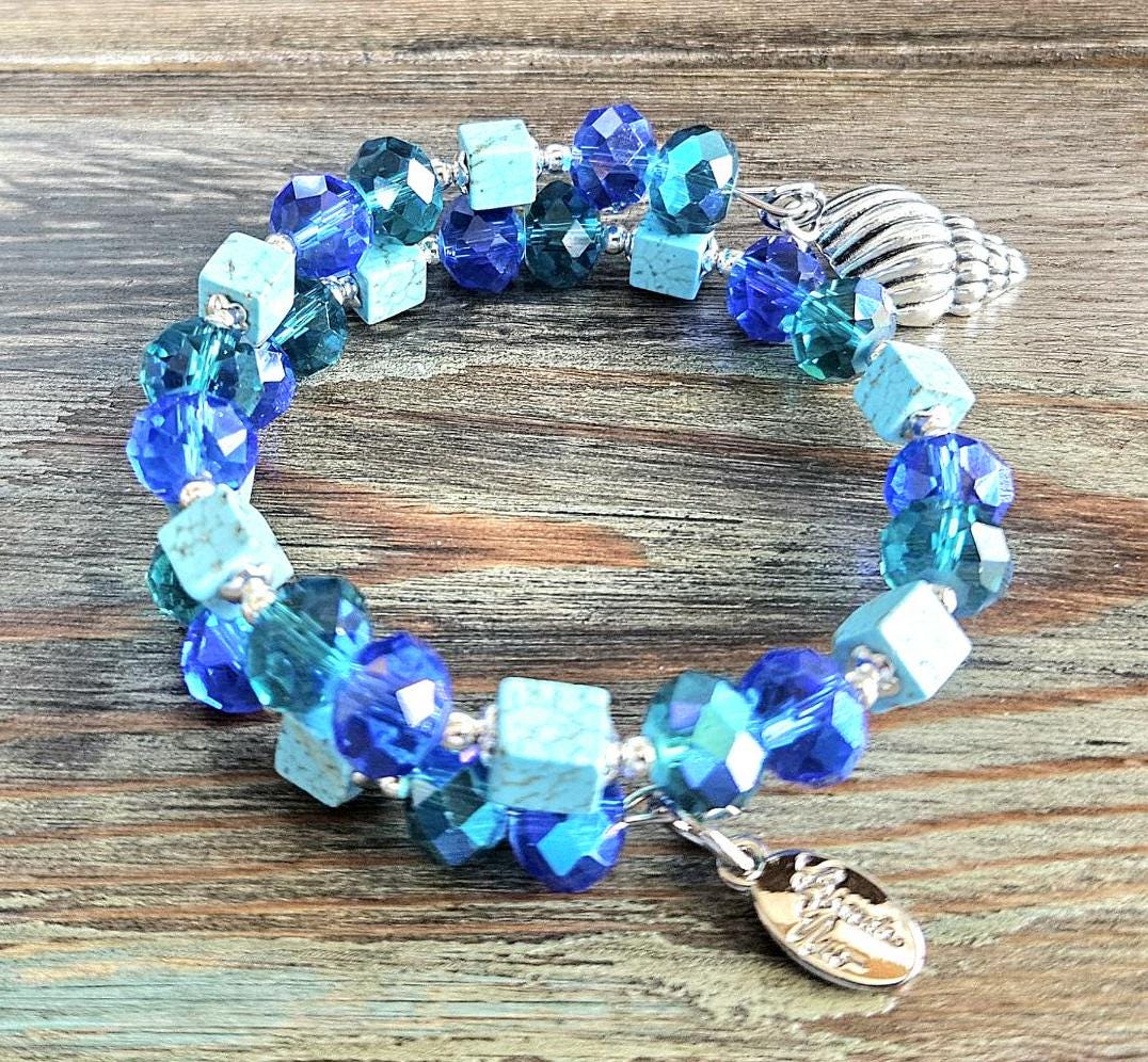 Seashell Charm Bracelet Jewelry Beaded Turquoise Gemstone Sea Ocean Beach Cruise Summer Silver Handmade Memory Wire Wrap Cuff Bangle Gift