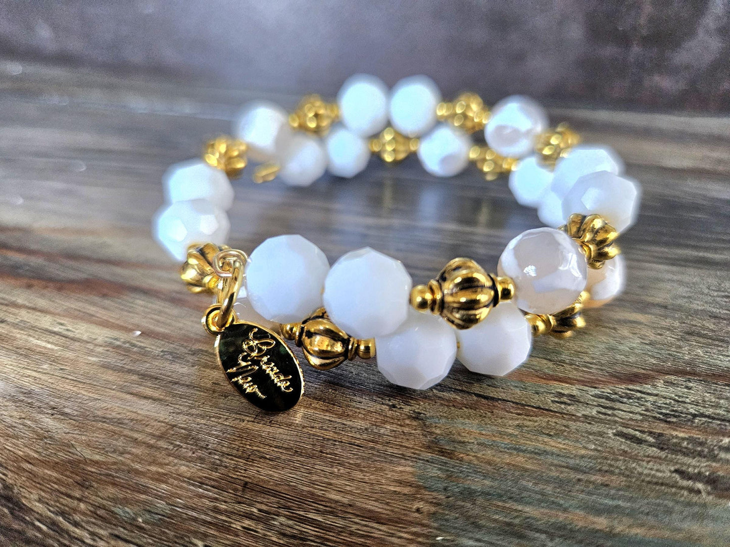 White and Gold Gemstone Bracelet Statement Jewelry Agate Beaded Handmade Adjustable Wrap Bangle Cuff Memory Wire Women's Gift Summer Spring