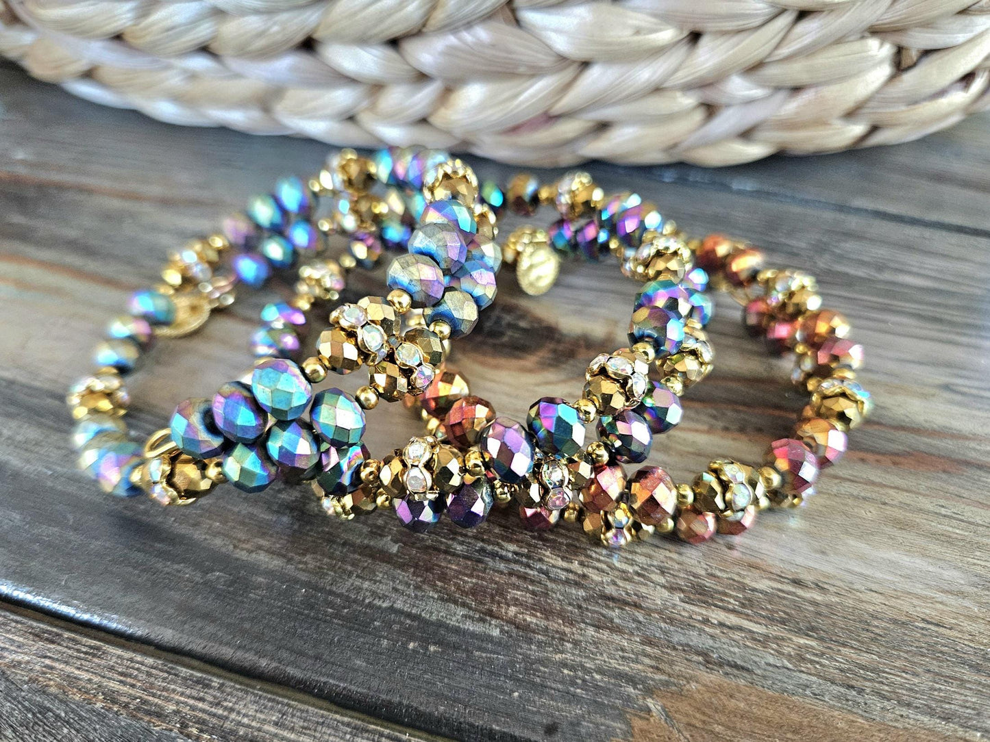 Glass Beaded Bracelet Jewelry Handmade Sparkling Rhinestone Bling Memory Wire Gold Colorful Blue Green Red Black Rose Gold Women's Wrap Cuff Bangle