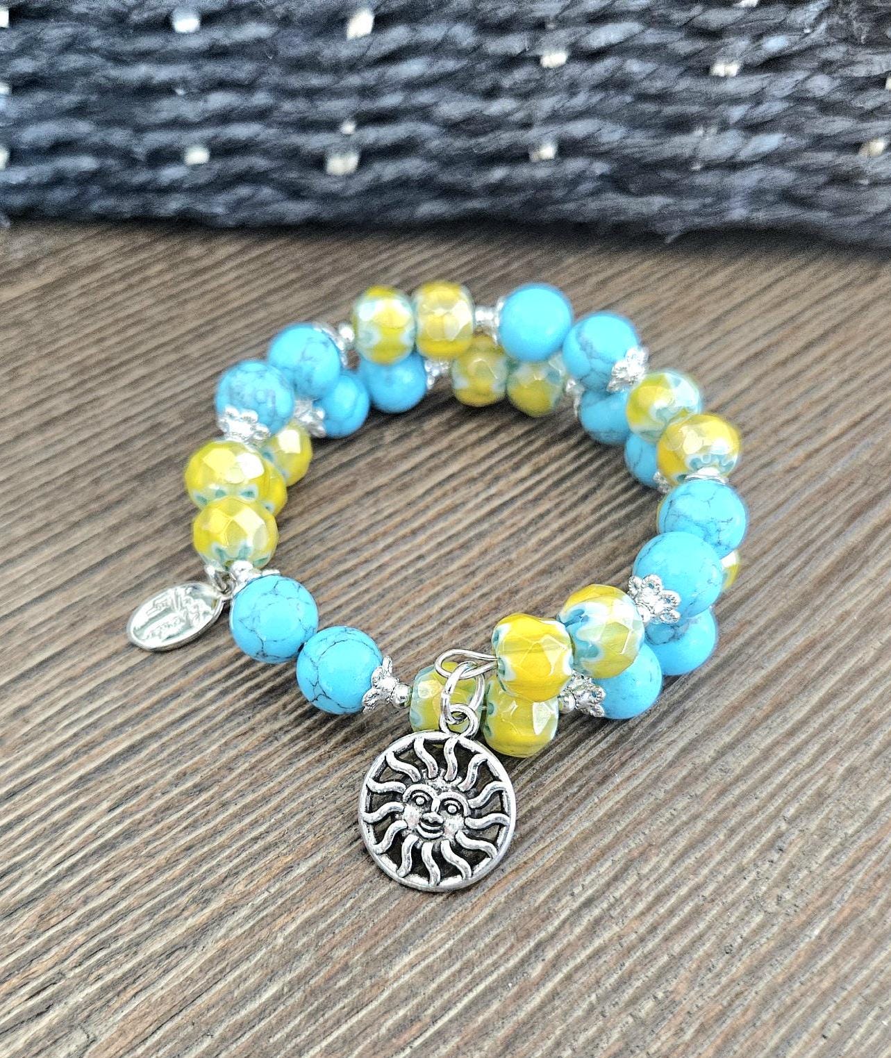 Sun Charm Bracelet Celestial Jewelry Yellow Sunshine Silver Turquoise Beach Ocean Cruise Summer Wrap Cuff Bangle Women's Gift