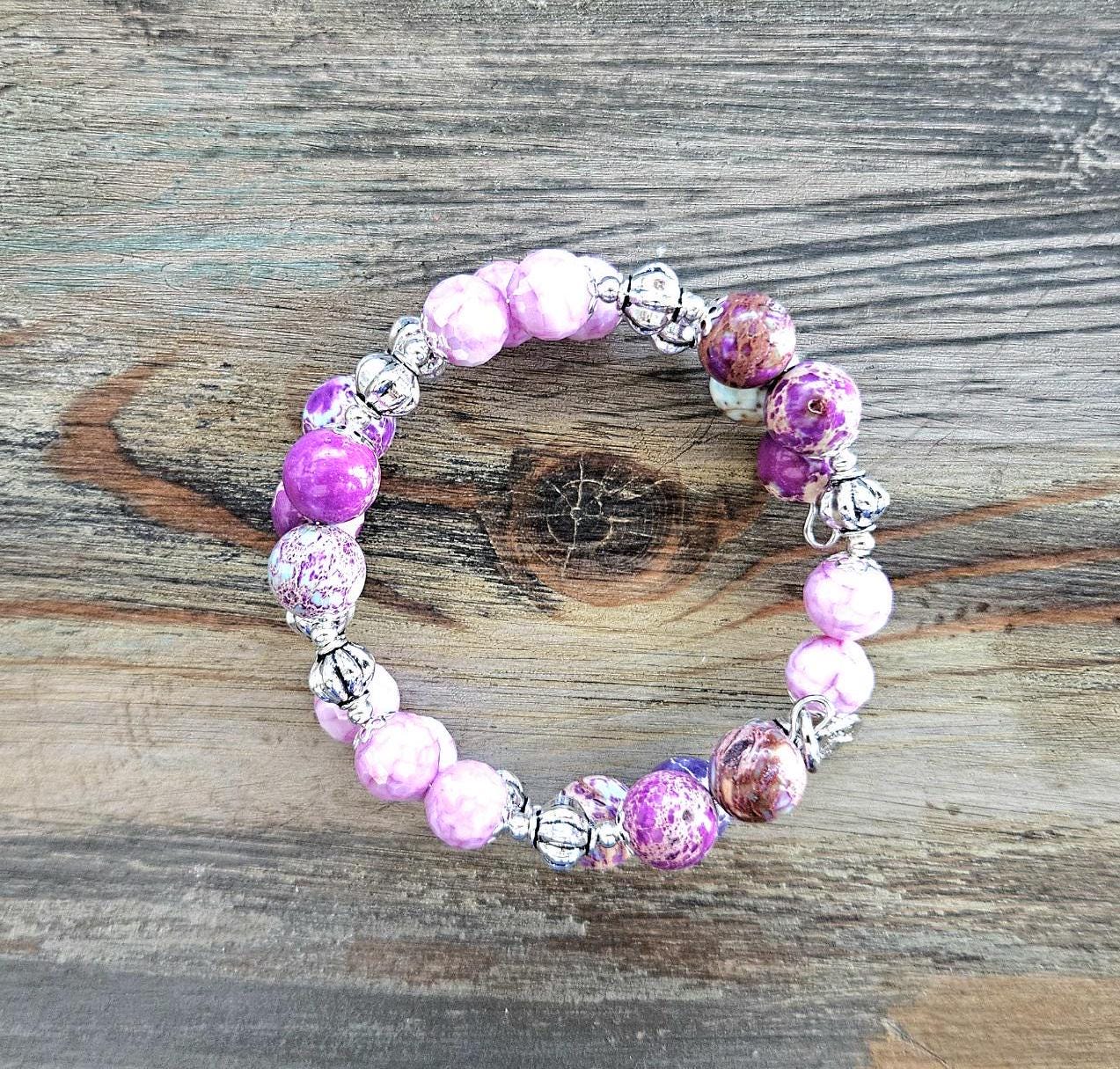 Purple Beaded Bracelet Jewelry Gemstone Violet Lavendar Silver Jasper Memory Wire Wrap Cuff Bangle Summer Spring Beach Cruise Women's Gift