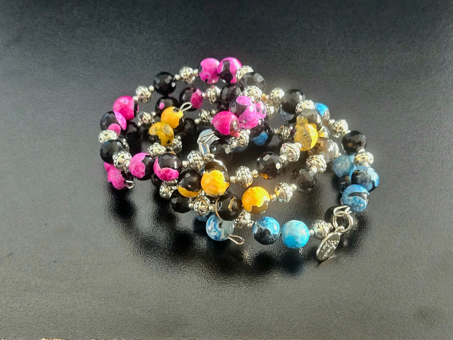Agate Gemstone Beaded Bracelet Jewelry Blue Pink Yellow Black Silver Handmade Wrap Bangle Southwest