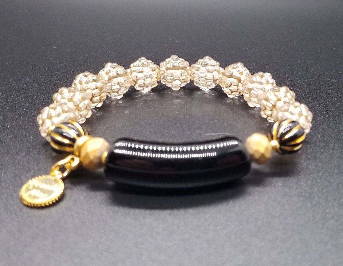 Black and White Beaded Boho Bracelet Jewelry Set of 2 Bracelets Gold Stretch Handmade Women's Gift for Her