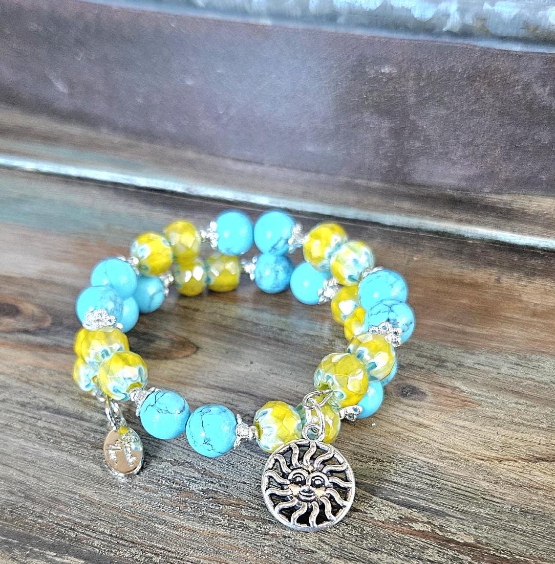 Sun Charm Bracelet Celestial Jewelry Yellow Sunshine Silver Turquoise Beach Ocean Cruise Summer Wrap Cuff Bangle Women's Gift