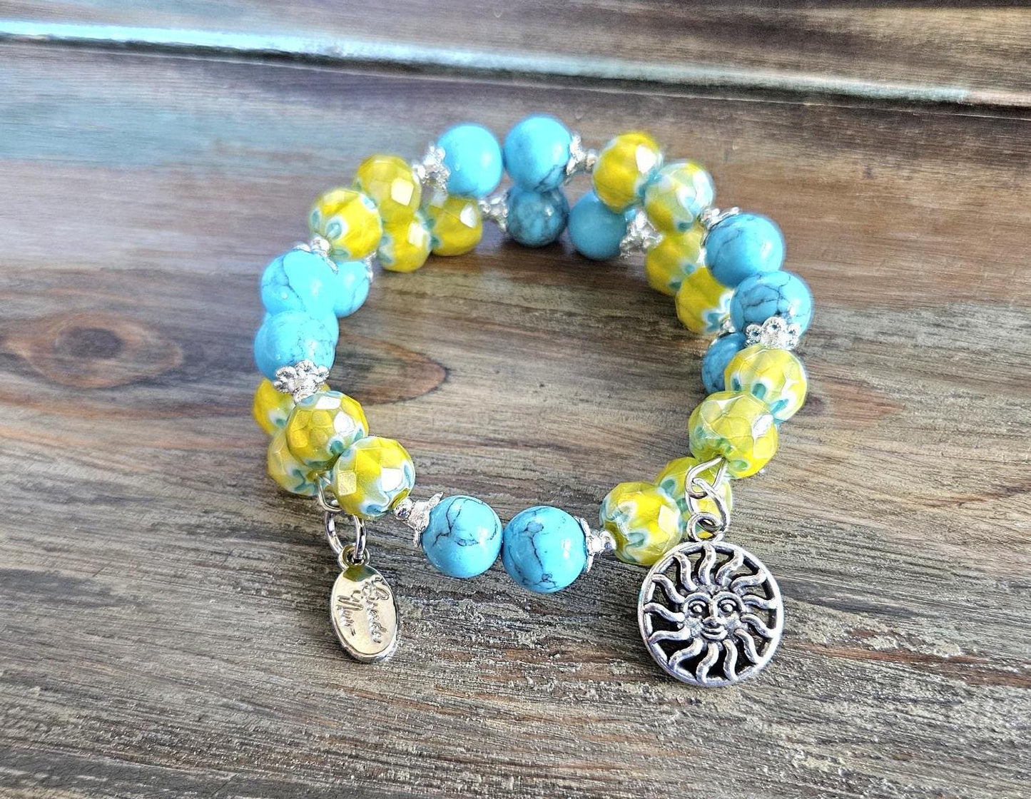 Sun Charm Bracelet Celestial Jewelry Yellow Sunshine Silver Turquoise Beach Ocean Cruise Summer Wrap Cuff Bangle Women's Gift