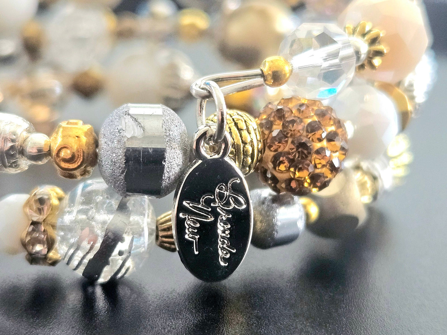 Cross Charm Beaded Bracelet Jewelry Faith Based Christian Wrap Bangle Cuff Gold White Handmade Women's Christmas Holiday Gift For Her