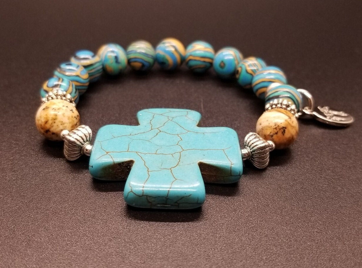 Turquoise Cross Beaded Gemstone Bracelet Jewelry Southwest Silver Stretch Handmade Women's Gift For Her