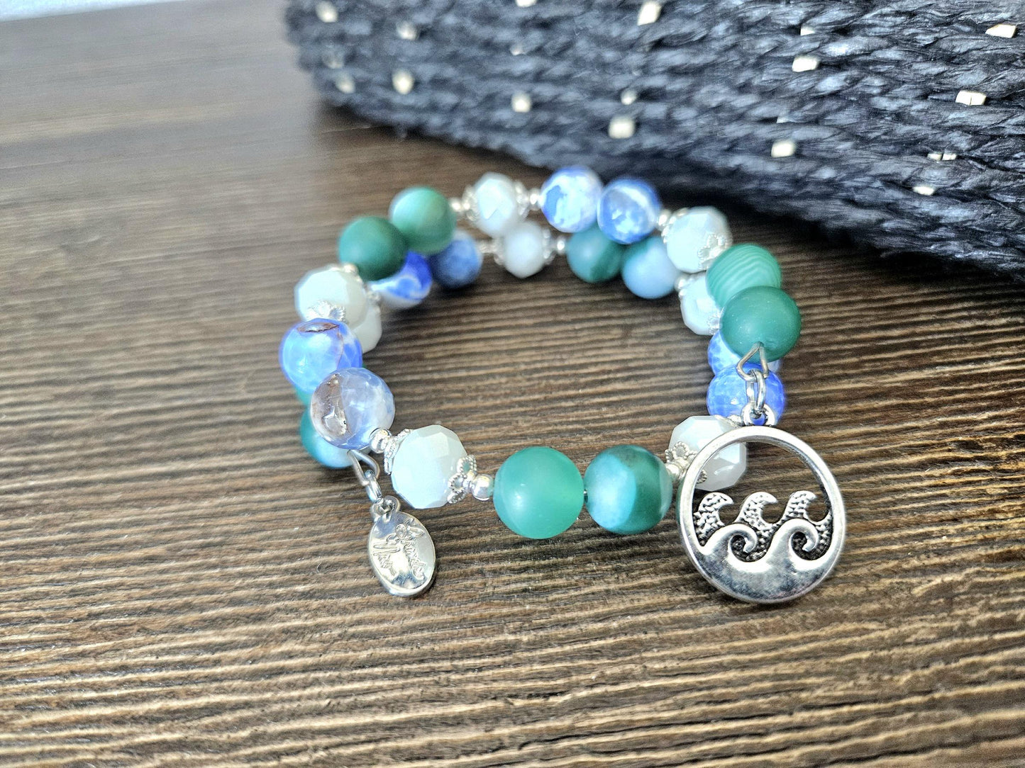 Ocean Sea Charm Bracelet Jewelry Beaded Blue Green Teal Turquoise Gemstone Agate Beach Cruise Spring Summer Memory Wire Wrap Cuff Bangle