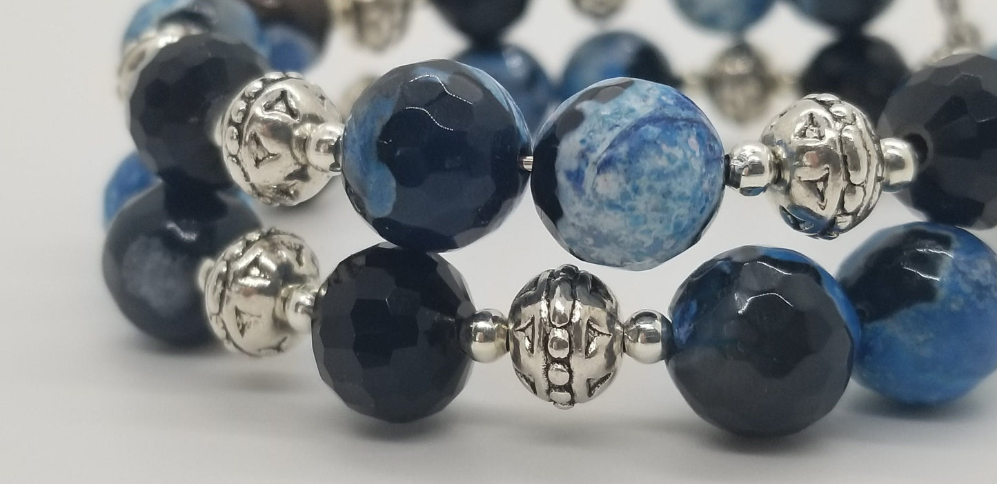 Agate Gemstone Beaded Bracelet Jewelry Blue Pink Yellow Black Silver Handmade Wrap Bangle Southwest