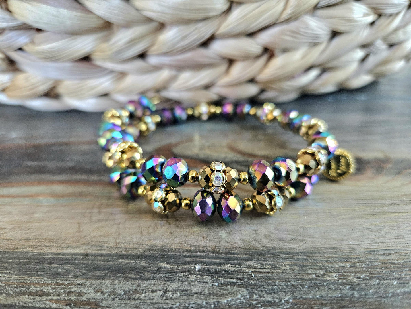 Glass Beaded Bracelet Jewelry Handmade Sparkling Rhinestone Bling Memory Wire Gold Colorful Blue Green Red Black Rose Gold Women's Wrap Cuff Bangle