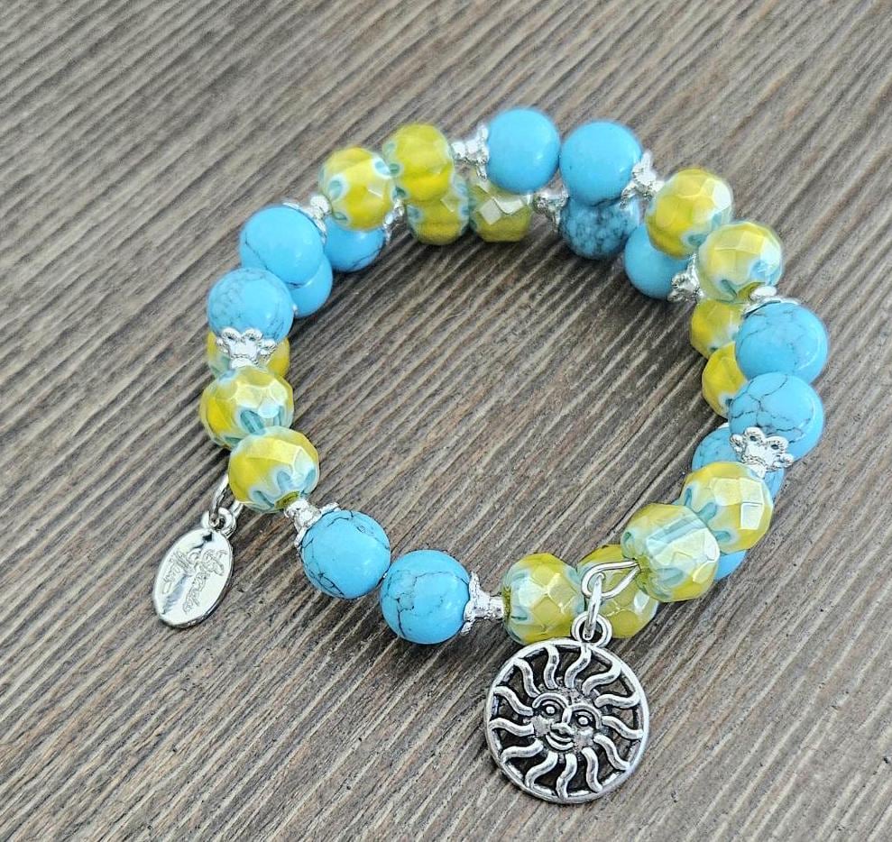 Sun Charm Bracelet Celestial Jewelry Yellow Sunshine Silver Turquoise Beach Ocean Cruise Summer Wrap Cuff Bangle Women's Gift