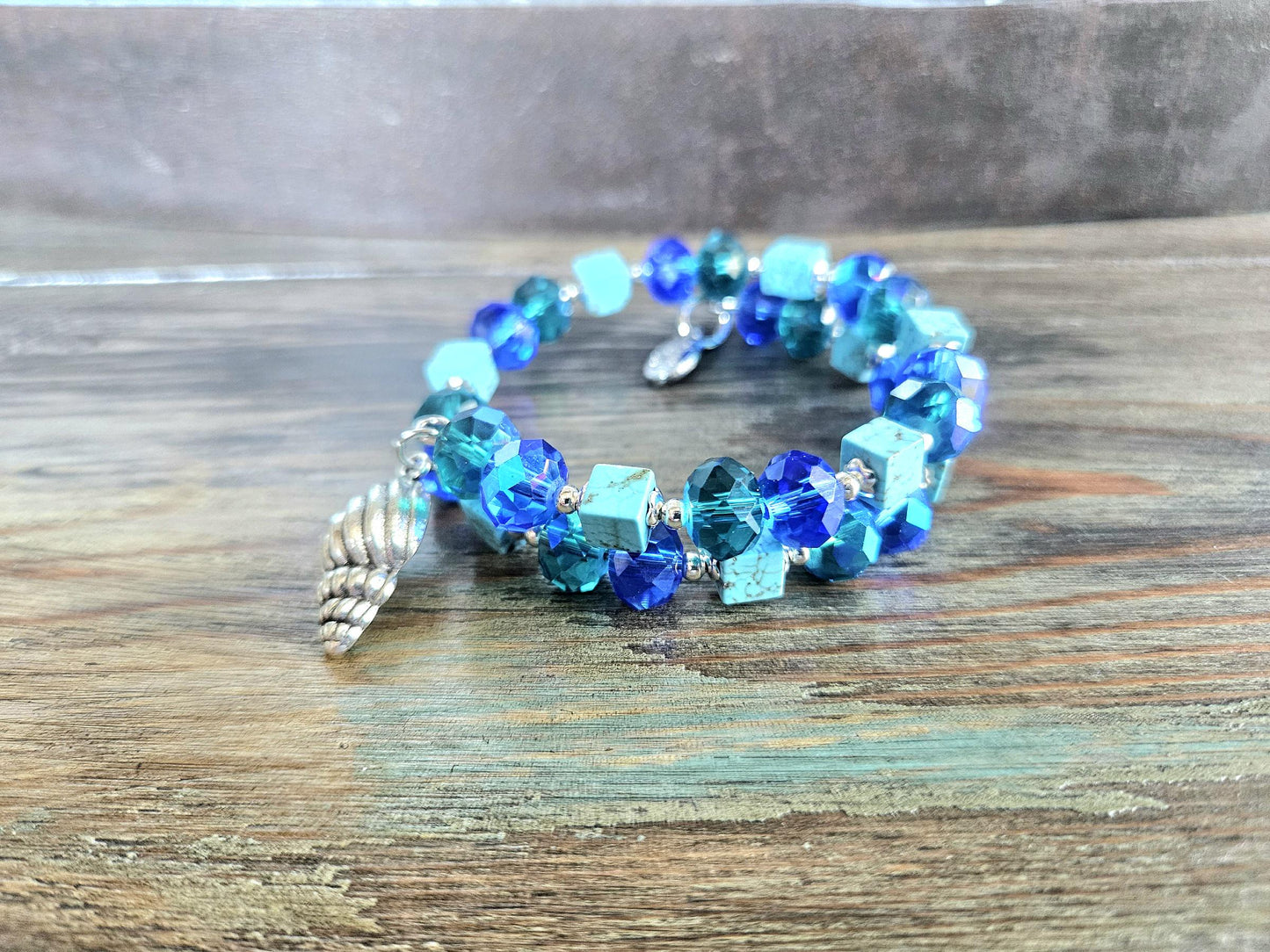 Seashell Charm Bracelet Jewelry Beaded Turquoise Gemstone Sea Ocean Beach Cruise Summer Silver Handmade Memory Wire Wrap Cuff Bangle Gift