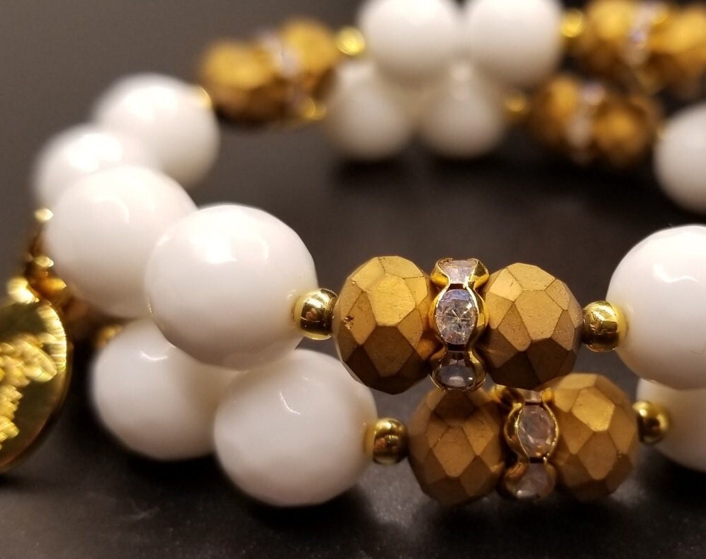 Gold White Beaded Bracelet Jewelry Handmade Wrap Cuff Bangle Women's Gift for Her