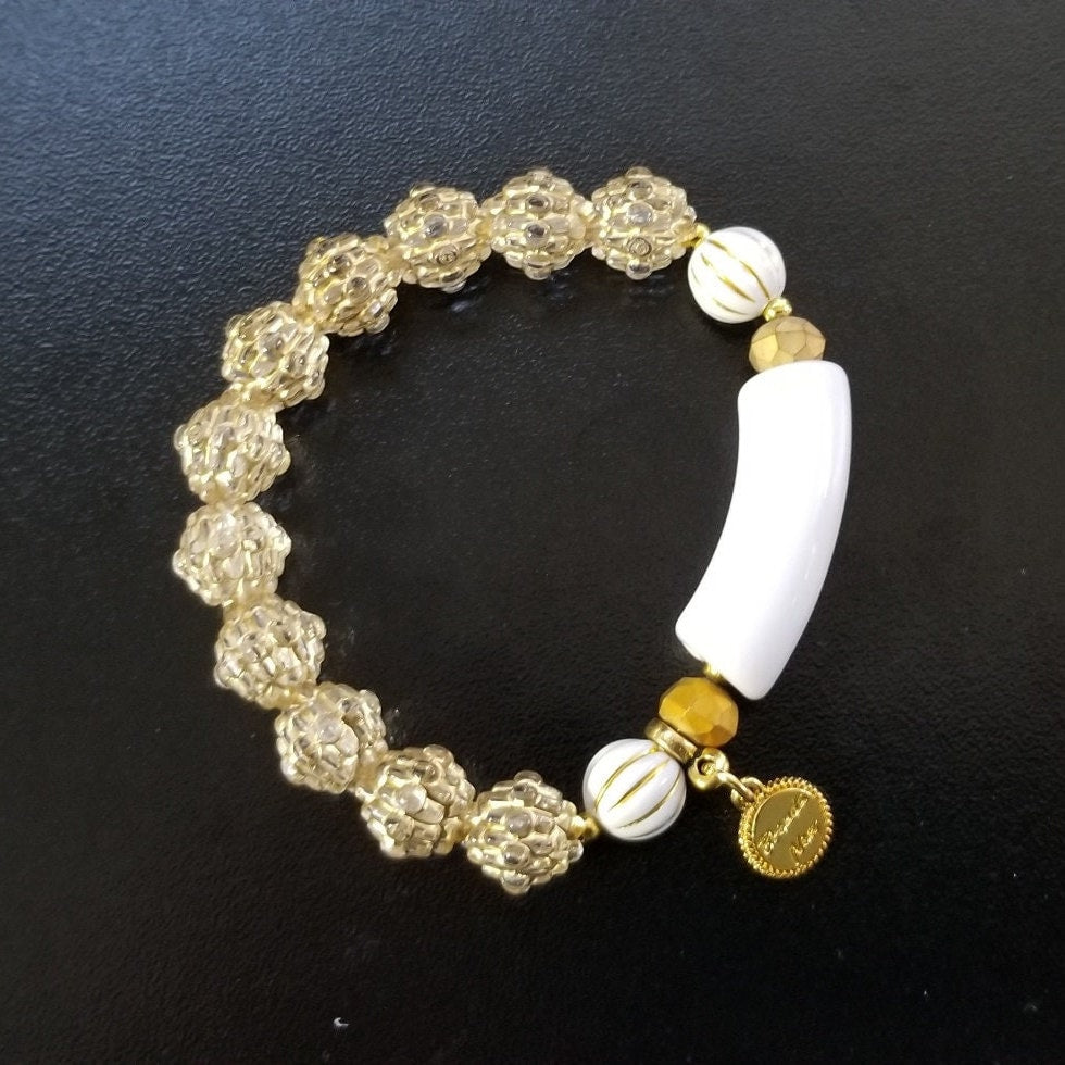 Black and White Beaded Boho Bracelet Jewelry Set of 2 Bracelets Gold Stretch Handmade Women's Gift for Her