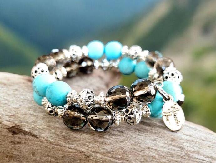 Smoky Quartz Silver Turquoise Southwest Beaded Bracelet Jewelry Brown Gemstone Handmade Wrap Cuff Bangle Vintage Women's Gift For Her