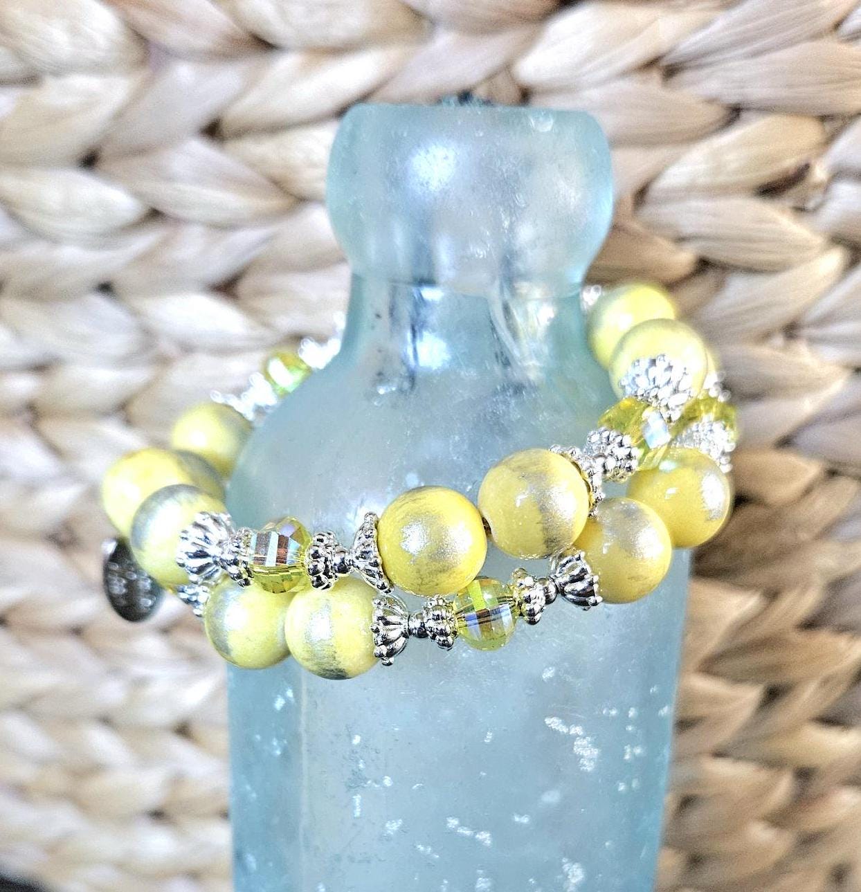 Yellow Beaded Gemstone Bracelet Jade Jewelry Crystal Silver Lemon Sun Spring Summer Beach Cruise Handmade Memory Wire Wrap Cuff Bangle Gift